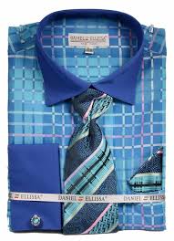 Daniel Ellissa Men's Checker Pattern Tone on Tone Dress Shirt Set in DS3785P2