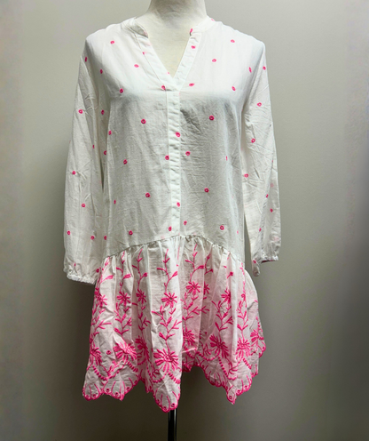 WHY Embroidered Drop Waist Dress – White/Pink
