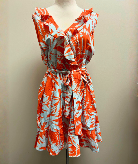 White Birch Ruffle Wrap Dress – Coral/Light Blue Floral