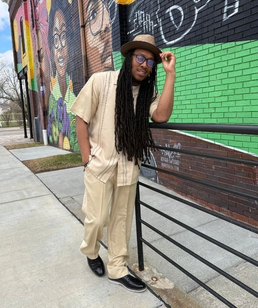 Montique Beige Textured Vertical Line 2-Piece Walking Suit