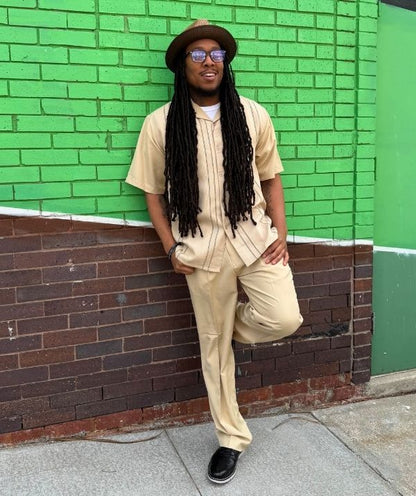 Montique Beige Textured Vertical Line 2-Piece Walking Suit