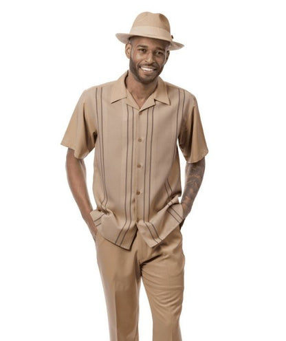 Montique Beige Textured Vertical Line 2-Piece Walking Suit