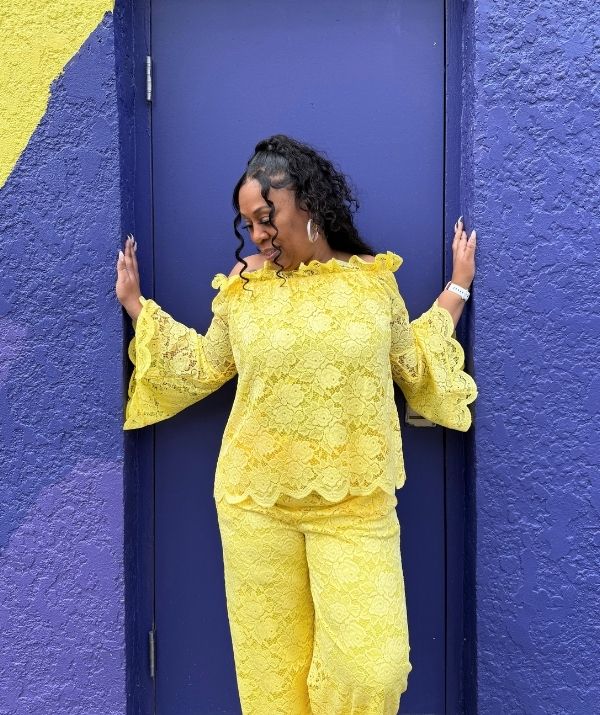 Karen T Yellow Lace Pants Set