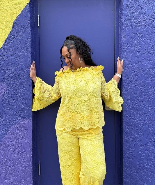 Karen T Yellow Lace Pants Set