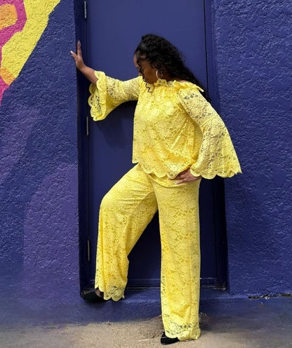 Karen T Yellow Lace Pants Set