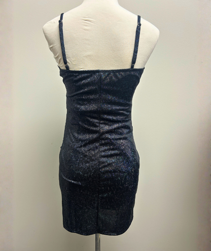 White Birch Shimmer Ruched Dress – Black Print